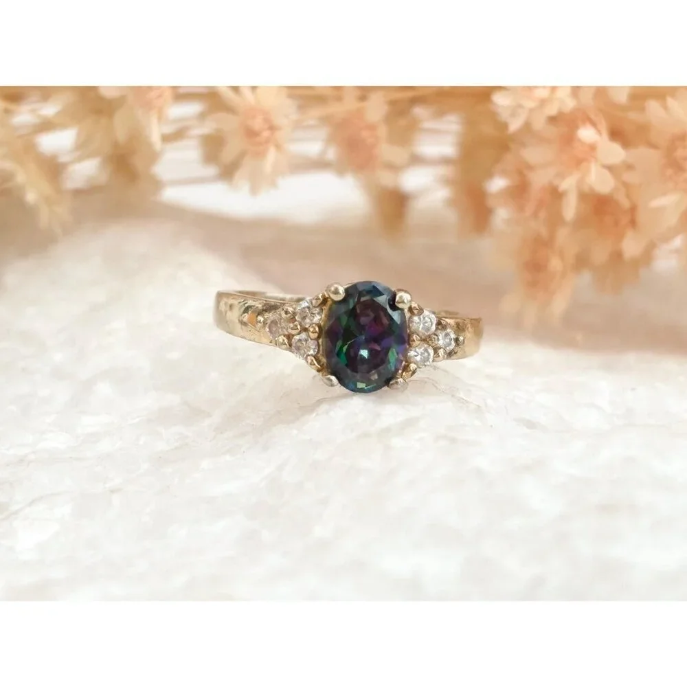 Mystic Topaz Triple CZ Gold Plated 925 Sterling Silver Vintage Ring - sz 7